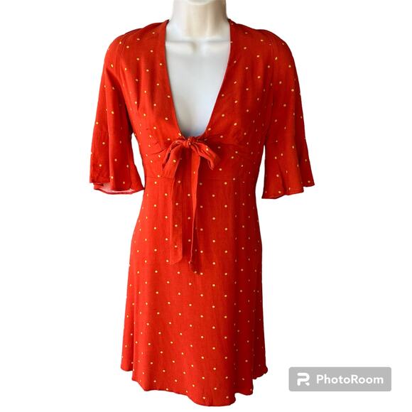 Free People All Yours Flare Sleeve Tie Front Mini Dress Orange Polka Dot Women 6 - Picture 1 of 11